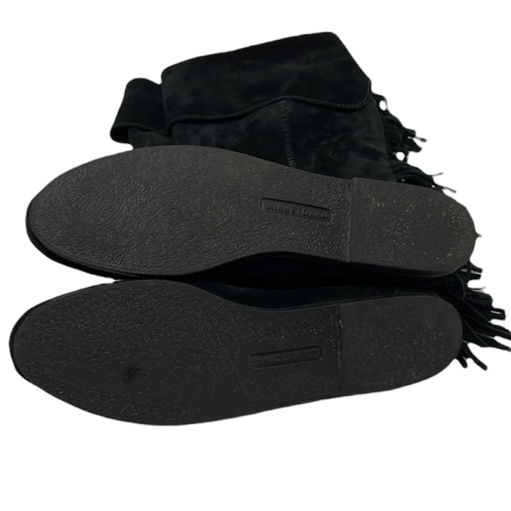 Vintage Suede Boots Black Fringe Knee High Tall Y2K Minnetonka Indian Moccasins